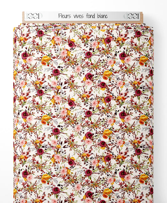 Tissu - Fleurs vives sur fond blanc