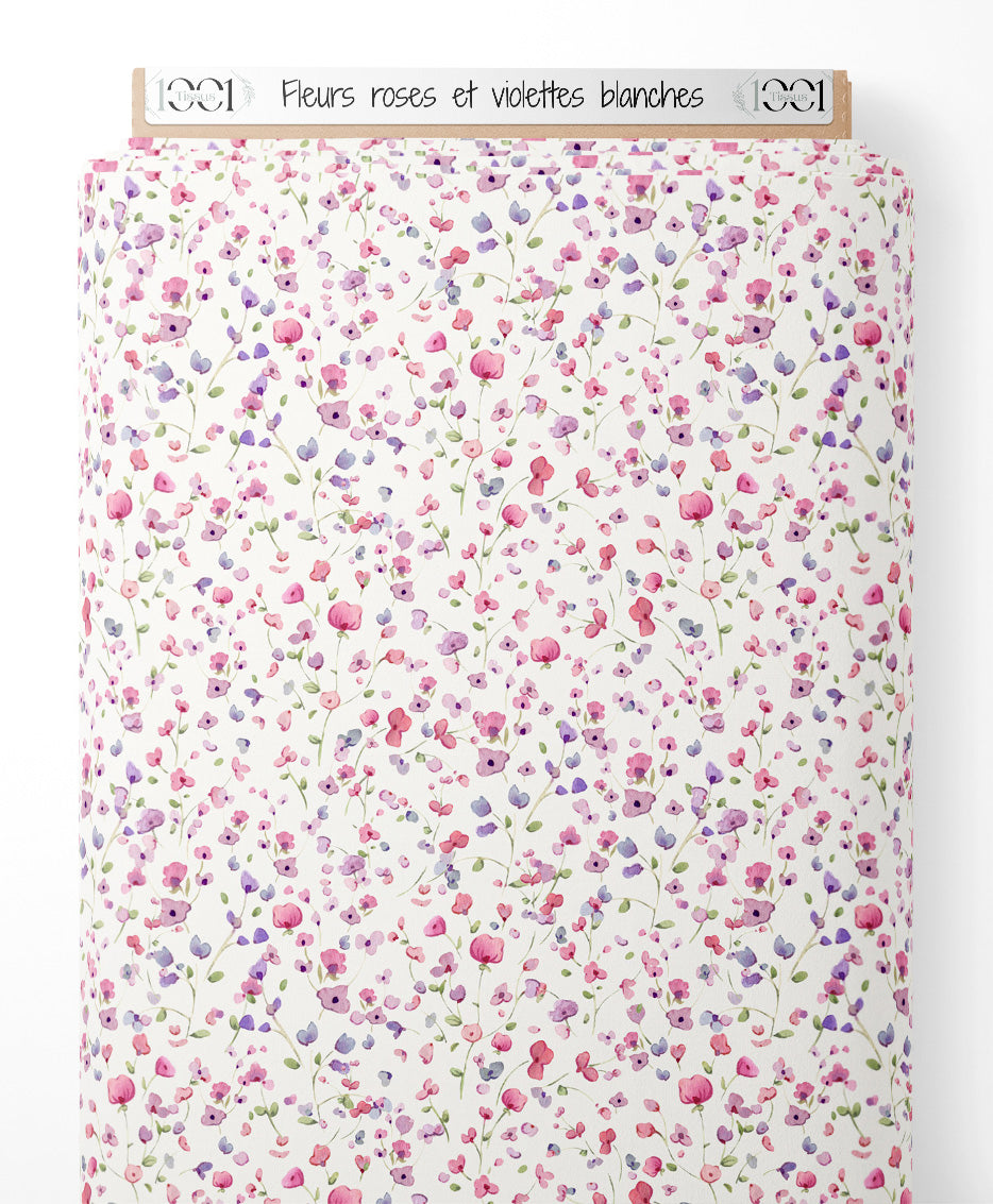 Tissu - Fleurs roses et violettes blanches