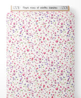 Tissu - Fleurs roses et violettes blanches