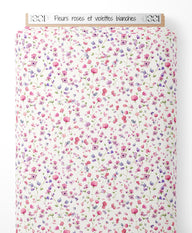 Tissu - Fleurs roses et violettes blanches