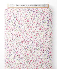 Tissu - Fleurs roses et violettes blanches