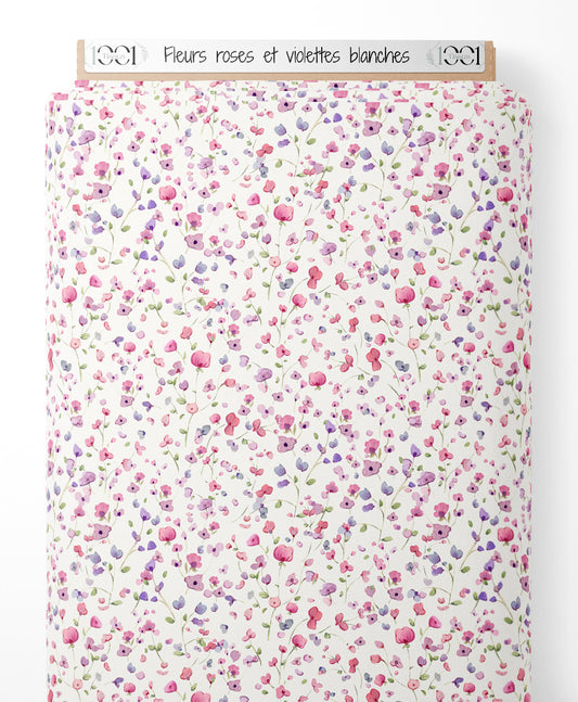 Tissu - Fleurs roses et violettes blanches