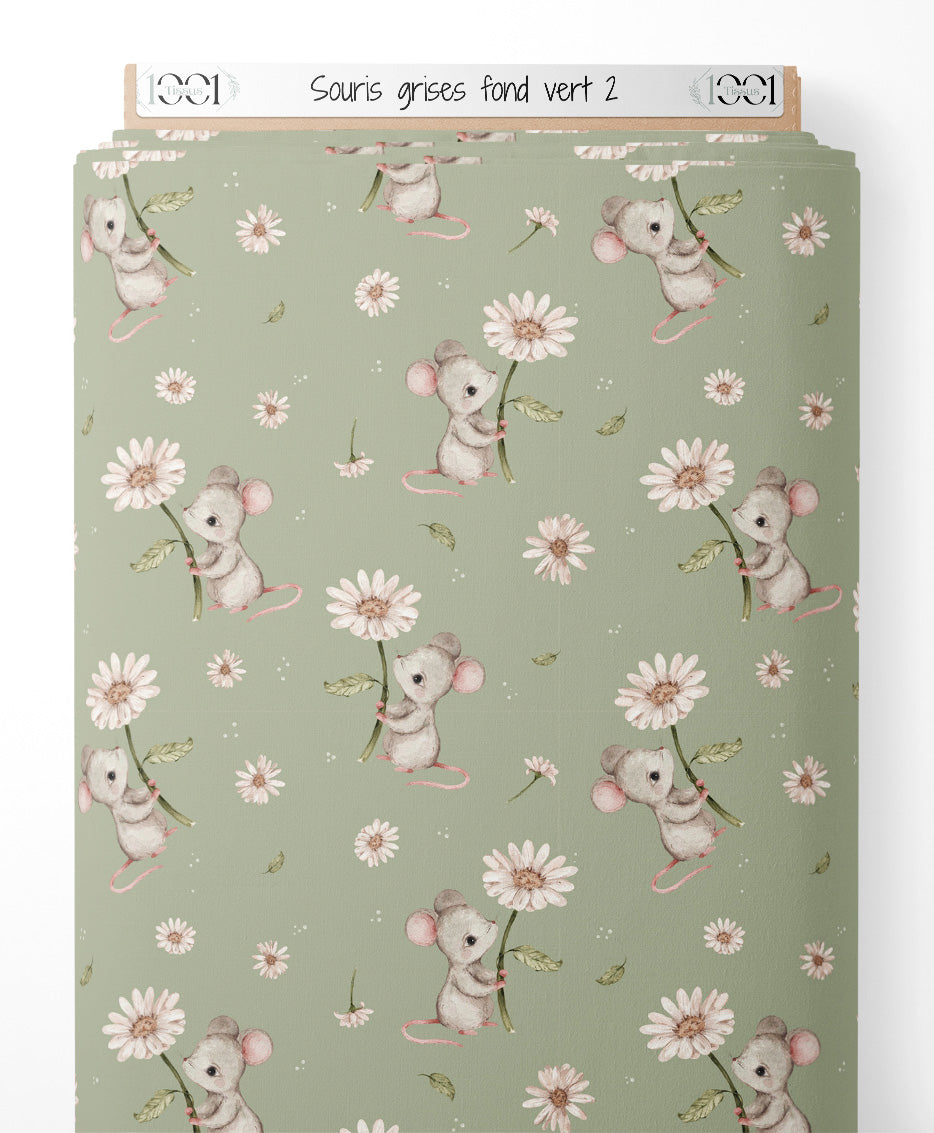 Tissu - Souris grises sur fond vert 2