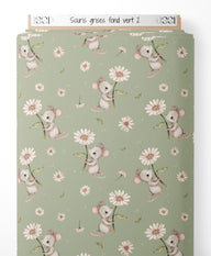 Tissu - Souris grises sur fond vert 2