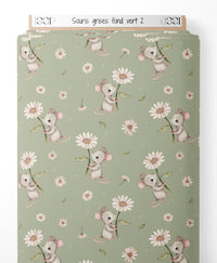 Tissu - Souris grises sur fond vert 2