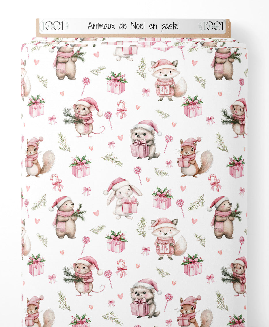 Tissu - Animaux de Noël en pastel