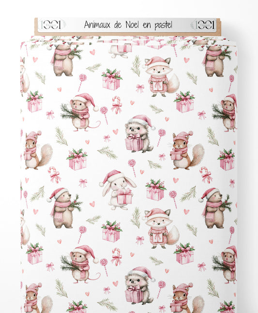 Tissu - Animaux de Noël en pastel