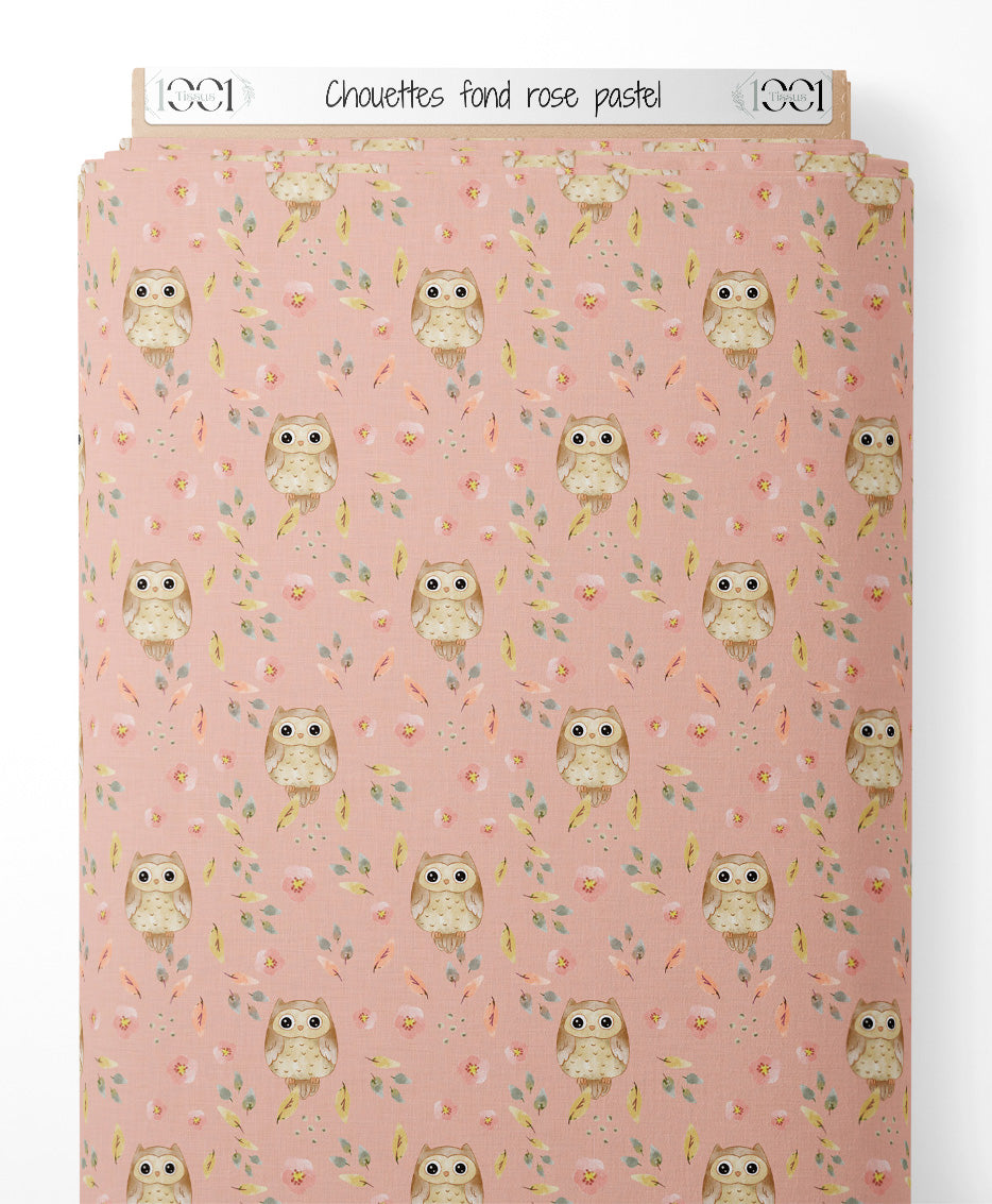 Tissu - Chouettes sur fond rose pastel