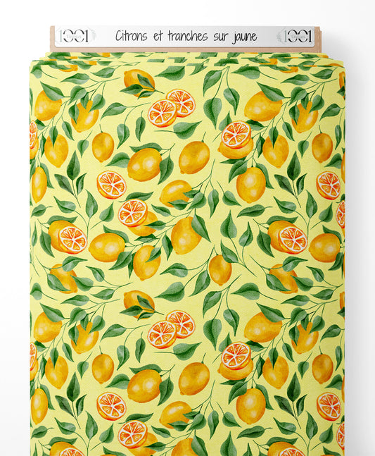 Tissu - Citrons et tranches sur jaune