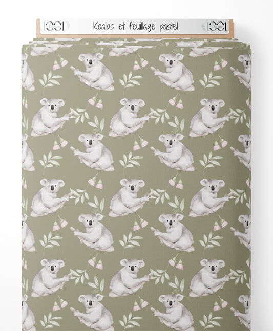 Tissu - Koalas et feuillage pastel