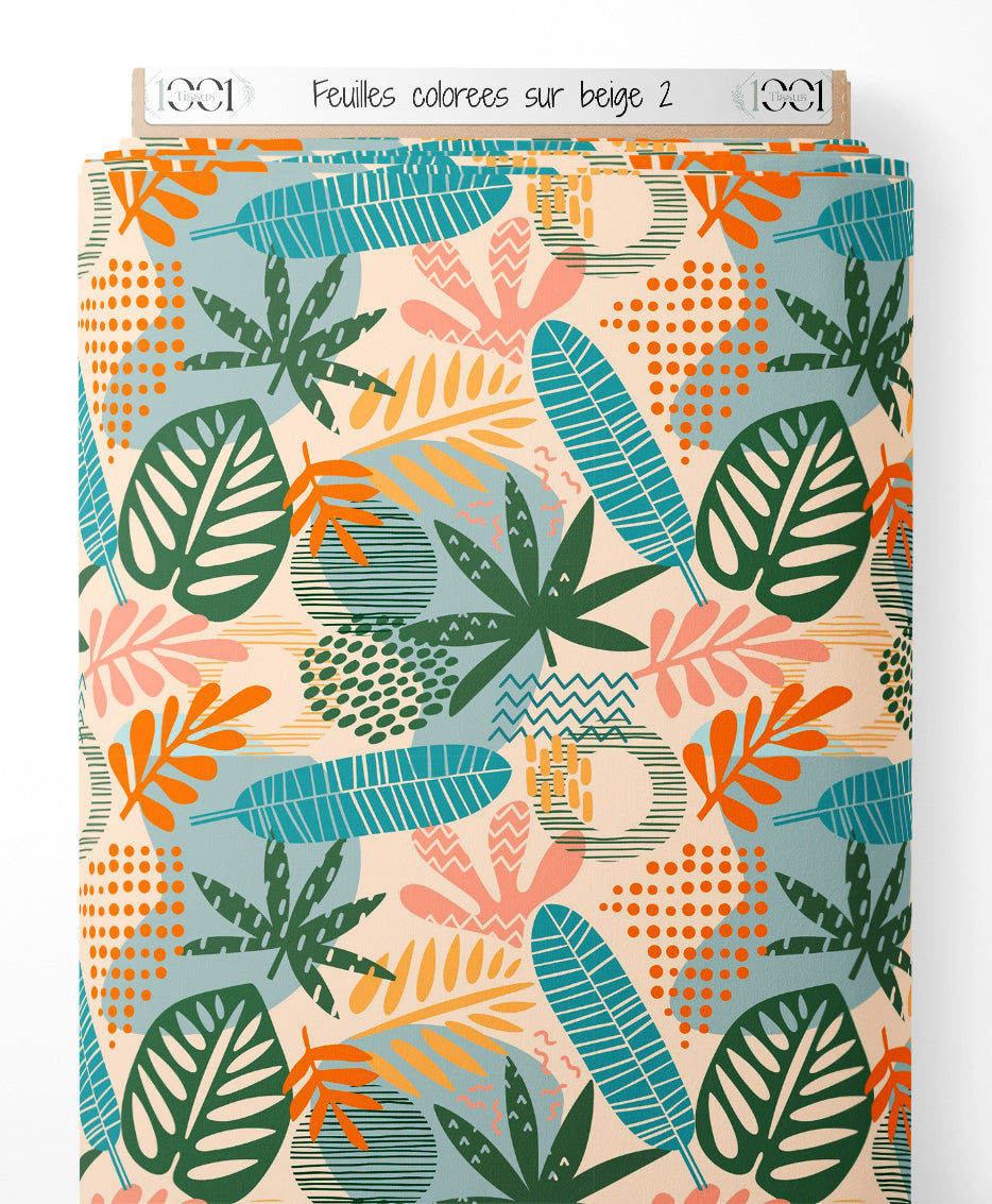 Tissu - Feuilles colorées sur beige 2