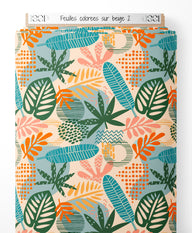 Tissu - Feuilles colorées sur beige 2
