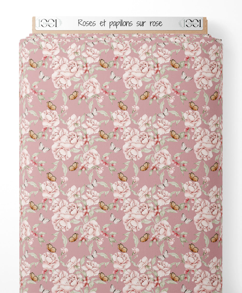 Tissu - Roses et papillons sur rose