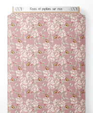 Tissu - Roses et papillons sur rose
