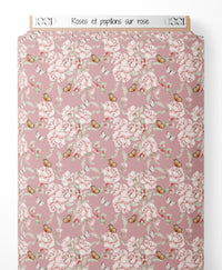 Tissu - Roses et papillons sur rose