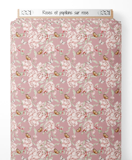 Tissu - Roses et papillons sur rose