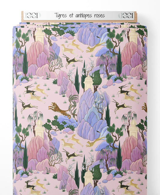 Tissu - Tigres et antilopes roses