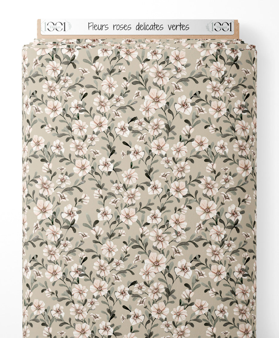 Tissu - Fleurs roses délicates vertes