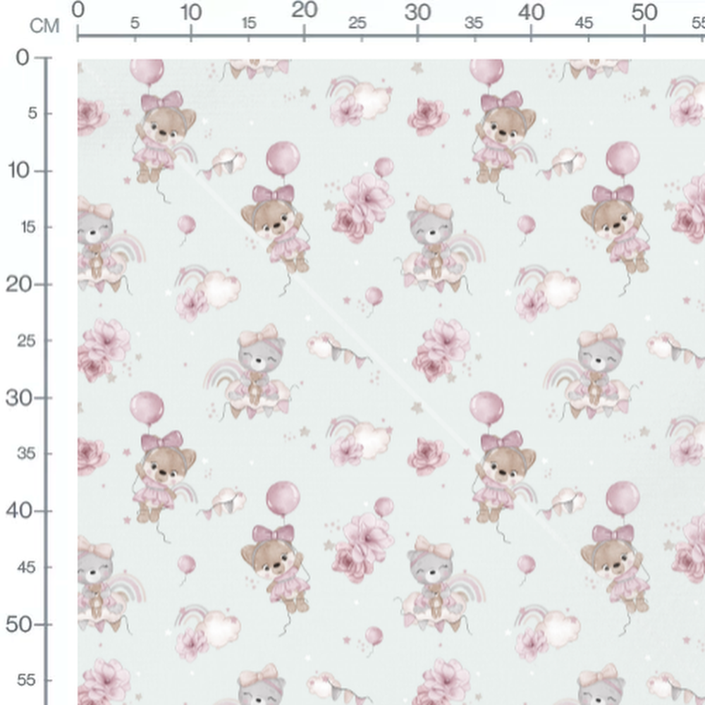 Tissu - Oursons roses sur fond bleu clair