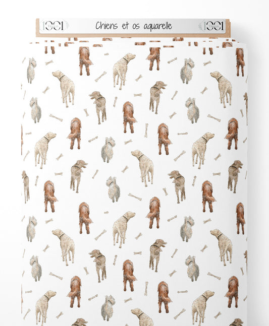Tissu - Chiens et os aquarelle