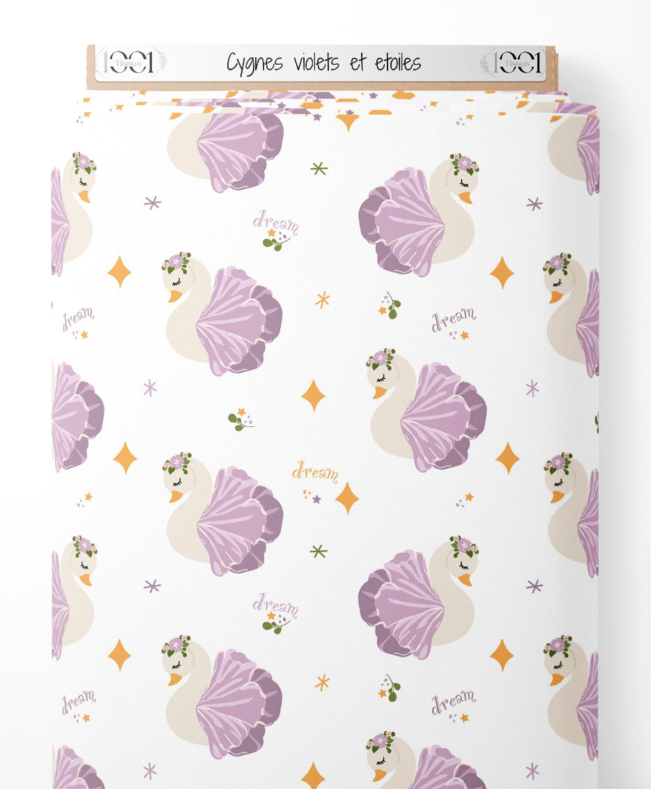 Tissu - Cygnes violets et étoiles