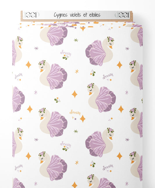 Tissu - Cygnes violets et étoiles