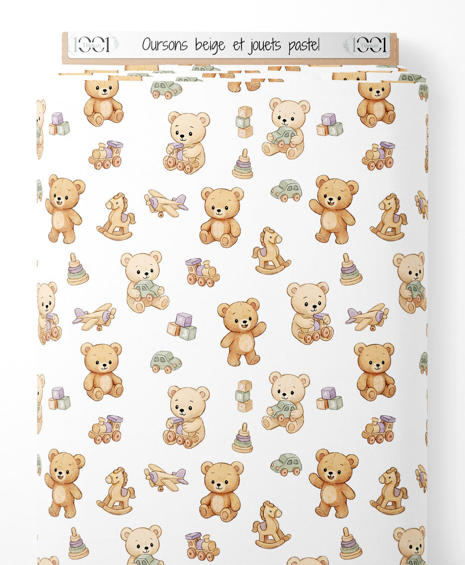 Tissu - Oursons beige et jouets pastel