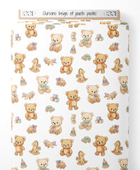 Tissu - Oursons beige et jouets pastel