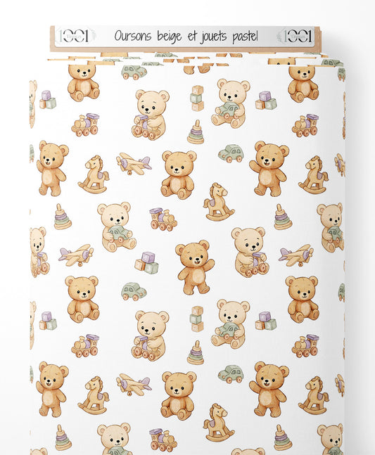 Tissu - Oursons beige et jouets pastel
