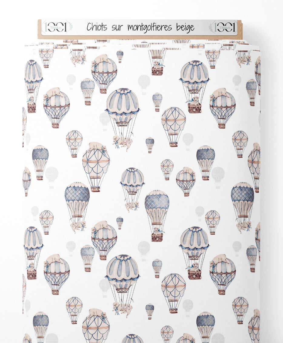 Tissu - Chiots sur montgolfières beige