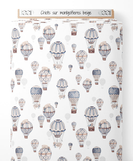 Tissu - Chiots sur montgolfières beige
