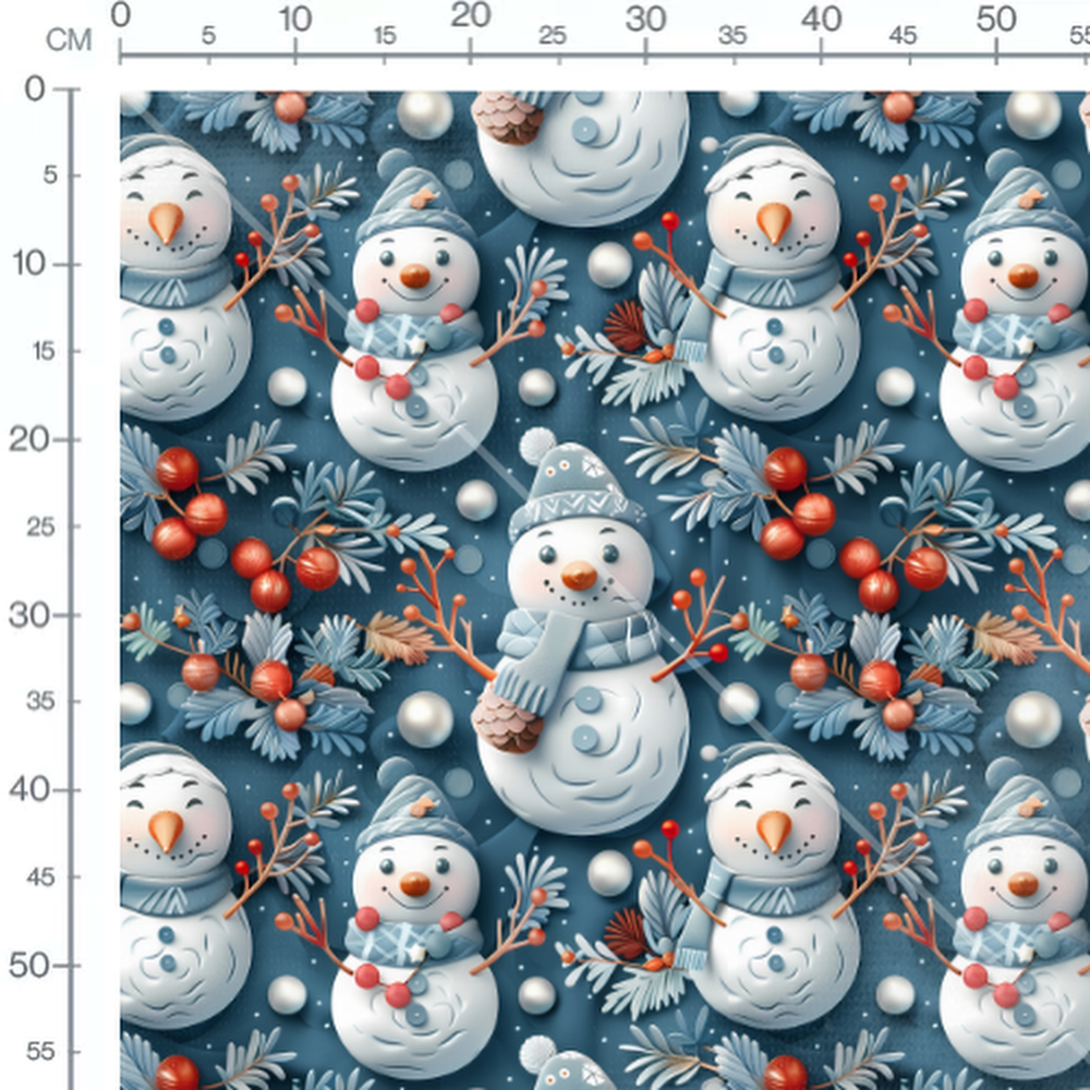 Tissu - bonhommes de neige hiver et baies rouges 3D