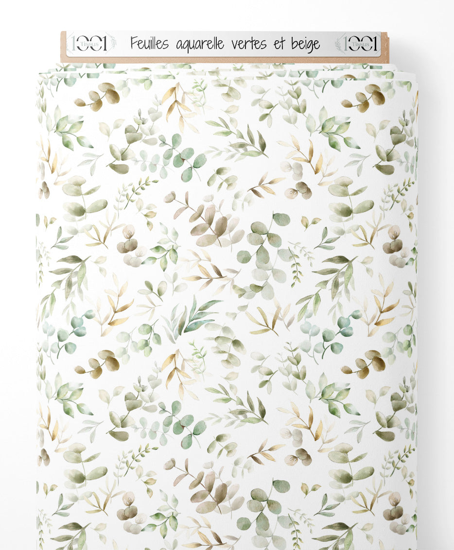 Tissu - Feuilles aquarelle vertes et beige