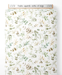 Tissu - Feuilles aquarelle vertes et beige