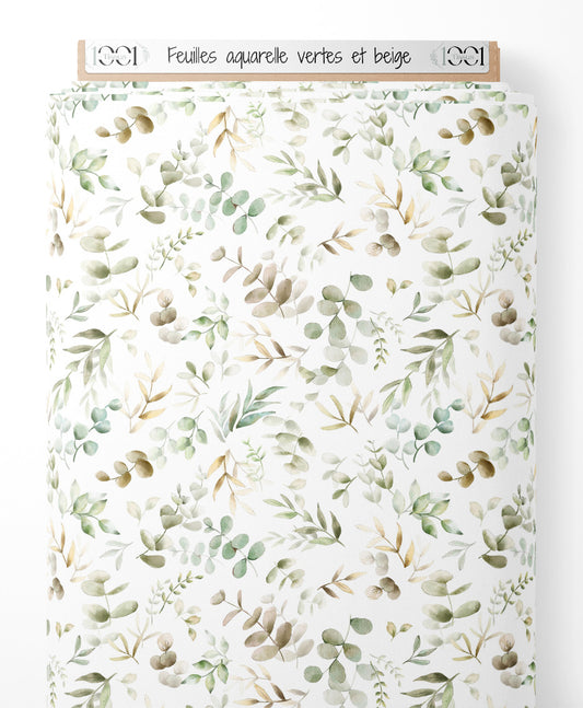 Tissu - Feuilles aquarelle vertes et beige