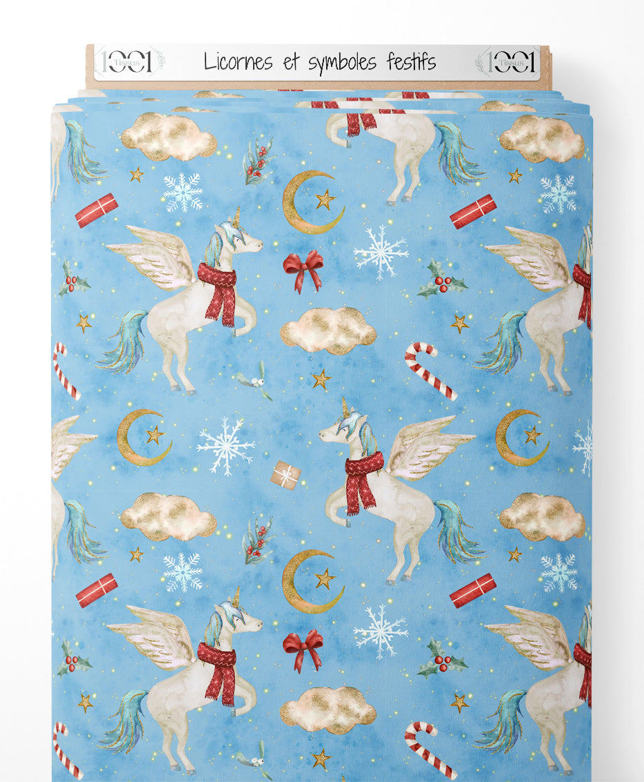 Tissu - Licornes et symboles festifs