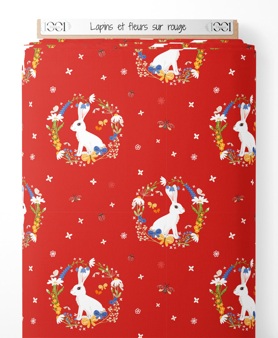 Tissu - Lapins et fleurs sur rouge