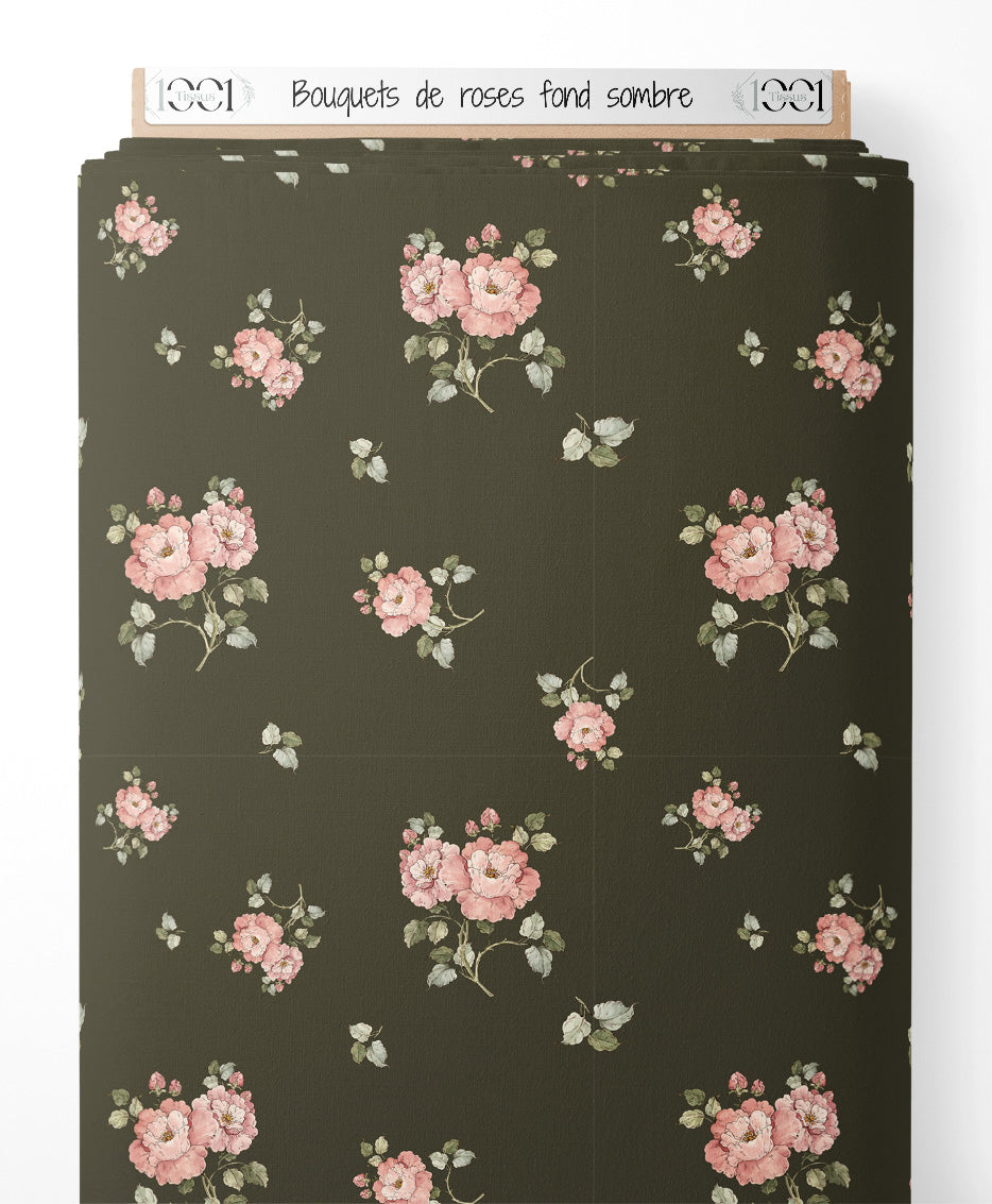Tissu - Bouquets de roses sur fond sombre