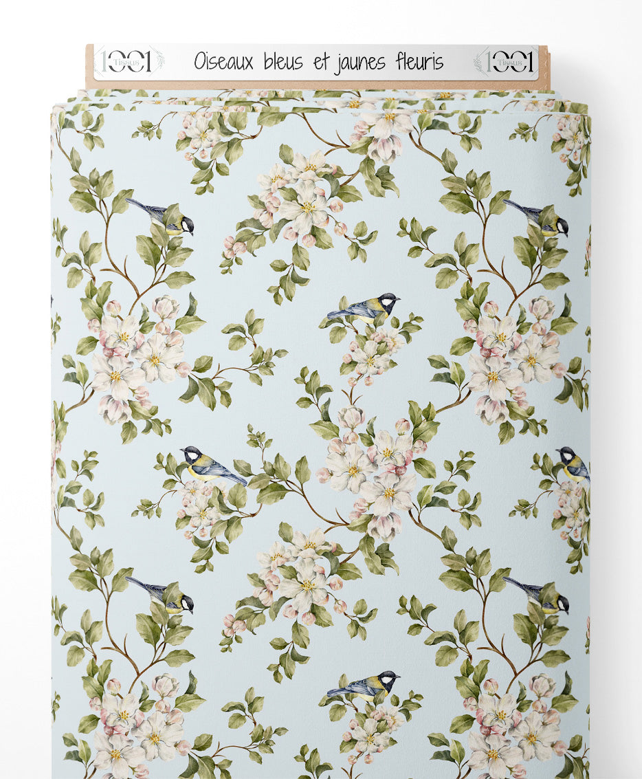 Tissu - Oiseaux bleus et jaunes fleuris