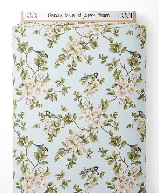 Tissu - Oiseaux bleus et jaunes fleuris