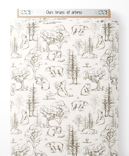 Tissu - Ours bruns et arbres