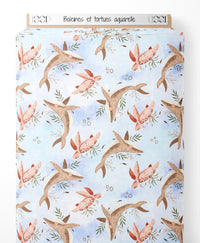 Tissu - Baleines et tortues aquarelle
