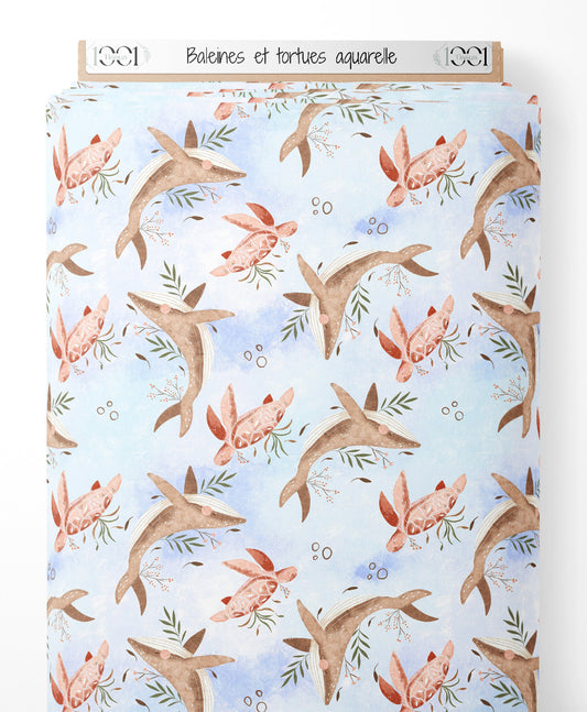 Tissu - Baleines et tortues aquarelle