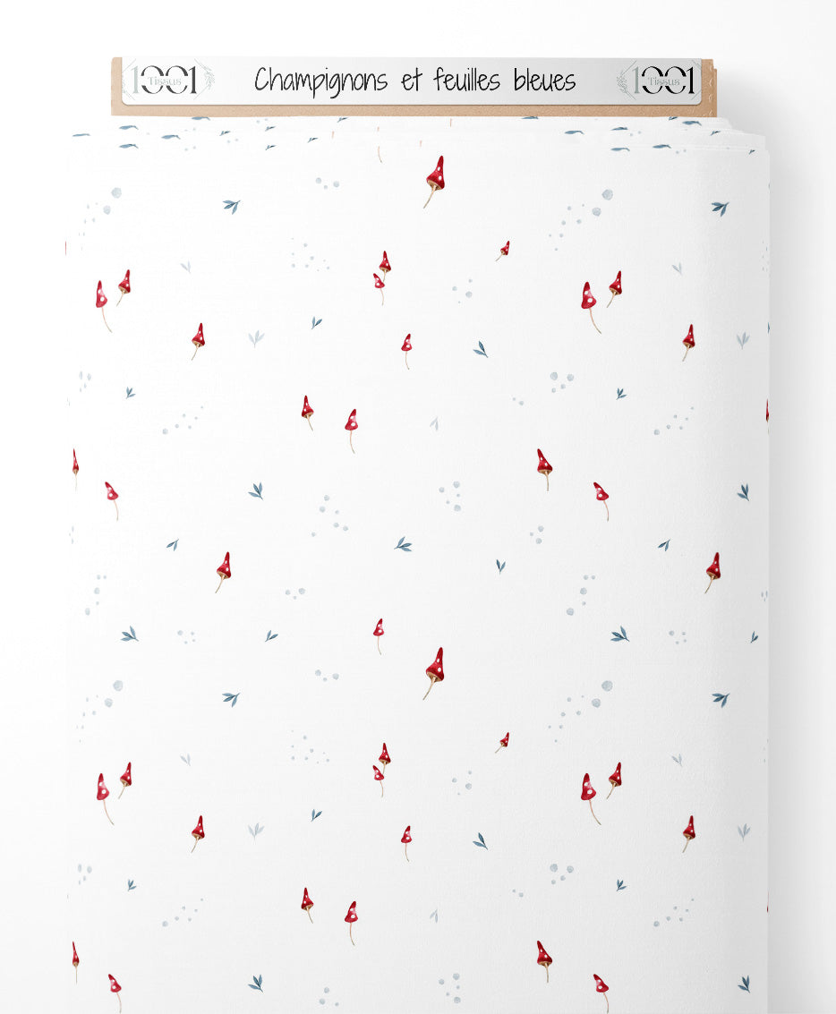 Tissu - Champignons et feuilles bleues