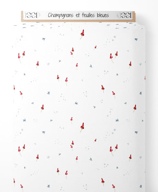 Tissu - Champignons et feuilles bleues