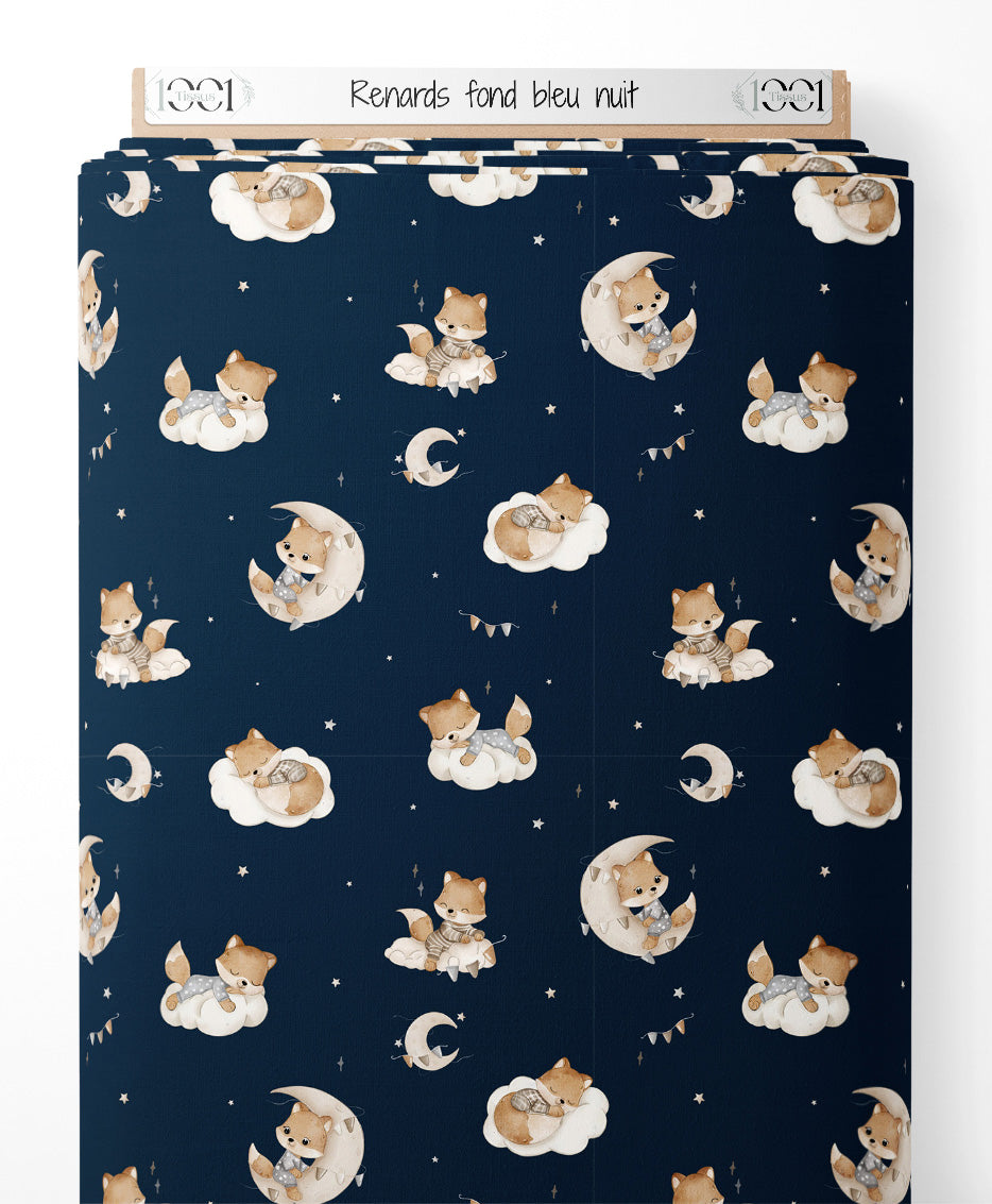 Tissu - Renards sur fond bleu nuit
