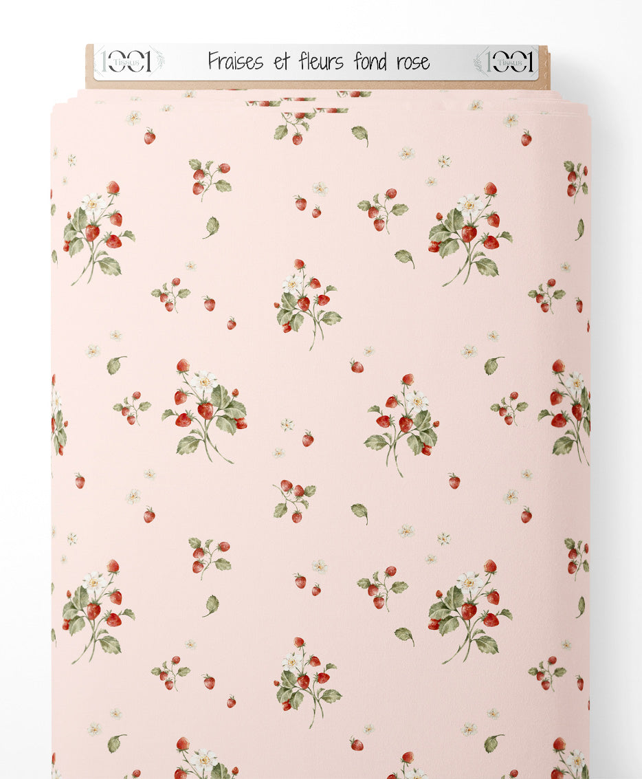 Tissu - Fraises et fleurs sur fond rose