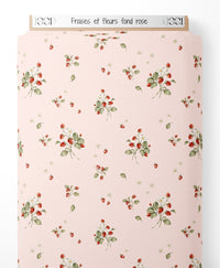 Tissu - Fraises et fleurs sur fond rose
