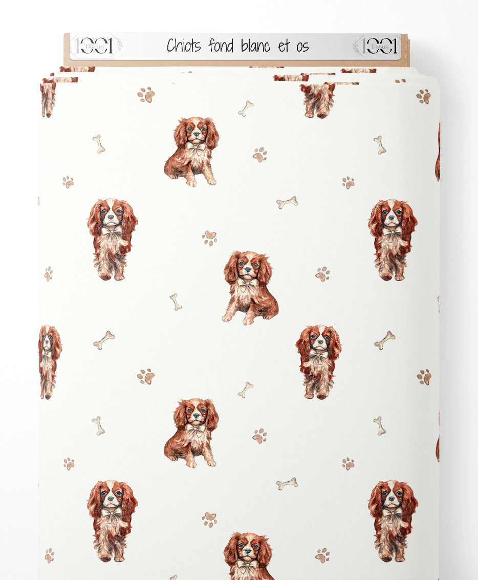 Tissu - Chiots sur fond blanc et os