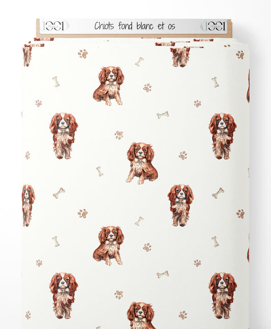 Tissu - Chiots sur fond blanc et os